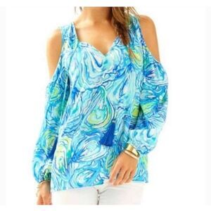 Lilly Pulitzer Finch Top Blouse Womens XL Oh Shucks Tassels Boho Coastal New